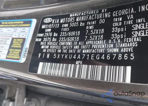 2014 Kia Sorento Ex V6 из США, поврежденный, VIN 5XYKU4A71EG467865